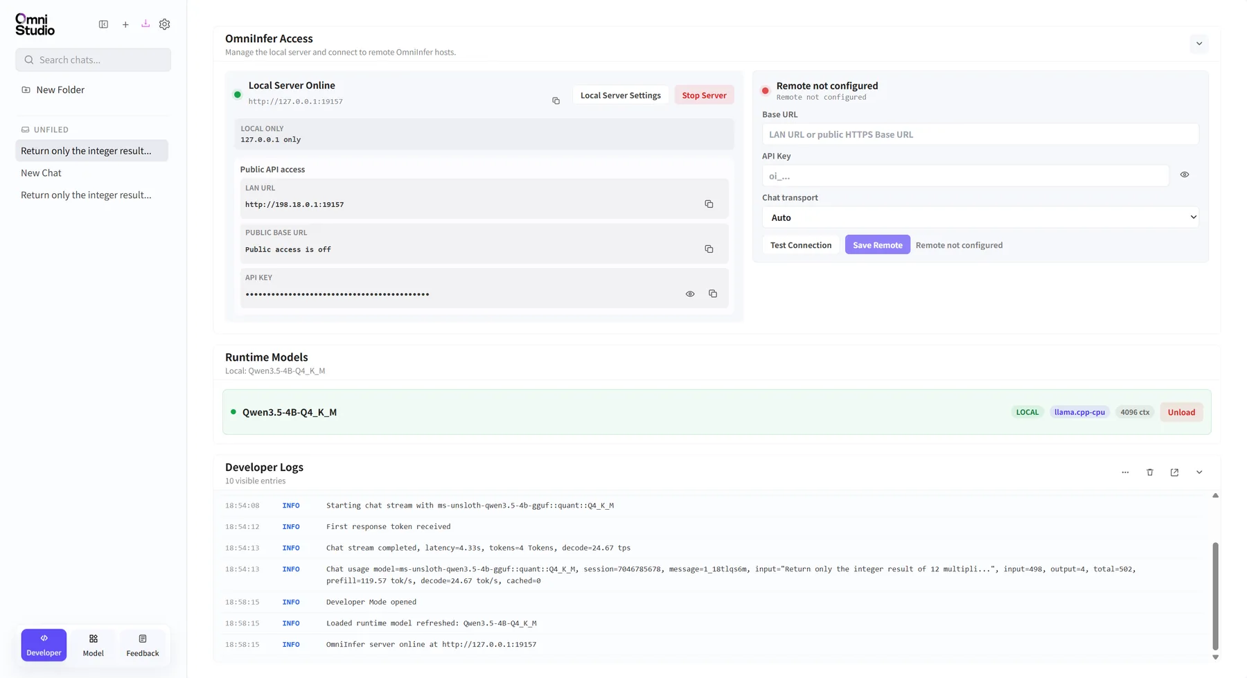 Developer 页面中的在线本机服务、当前模型与日志